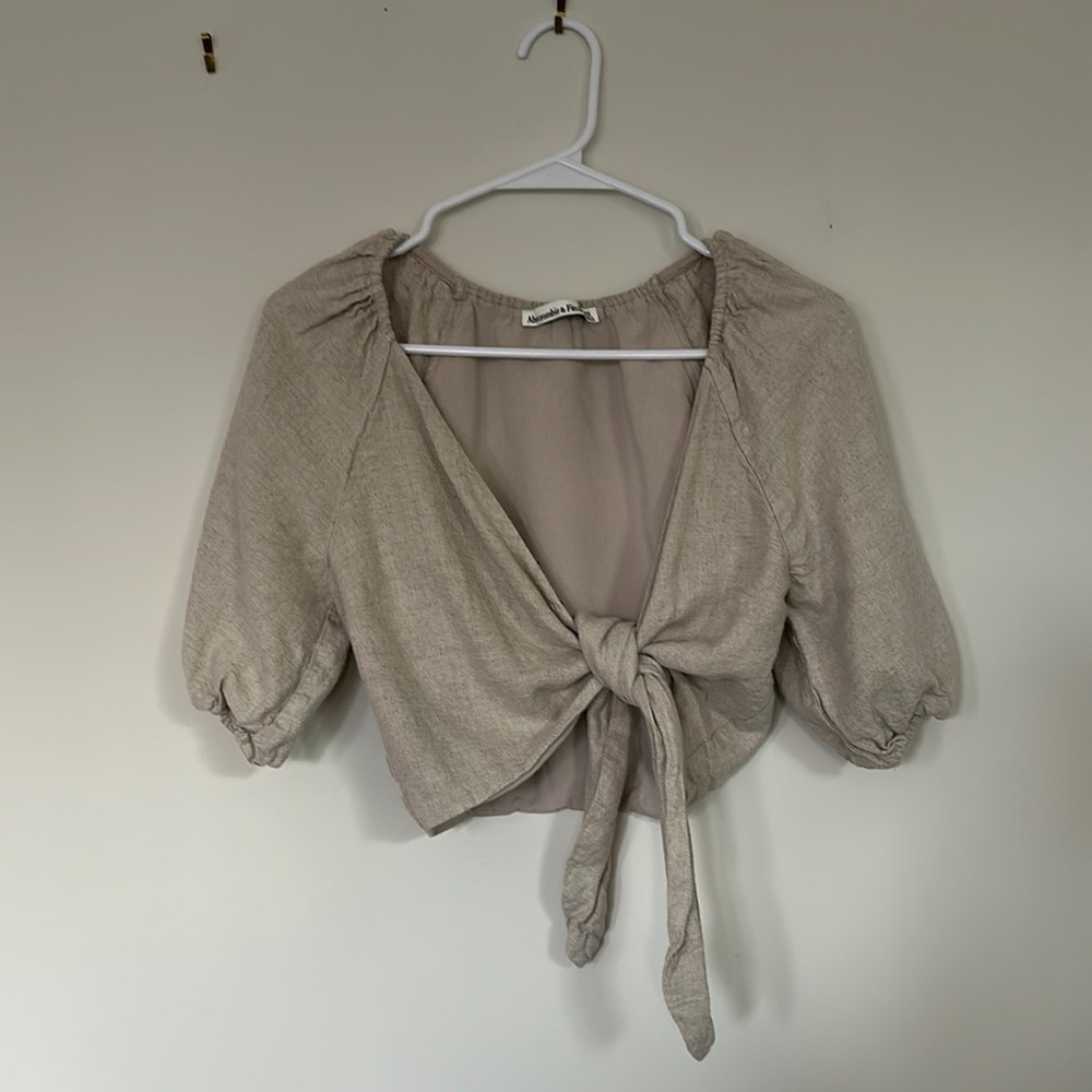 Beige Puff Sleeve Tie-Front Top